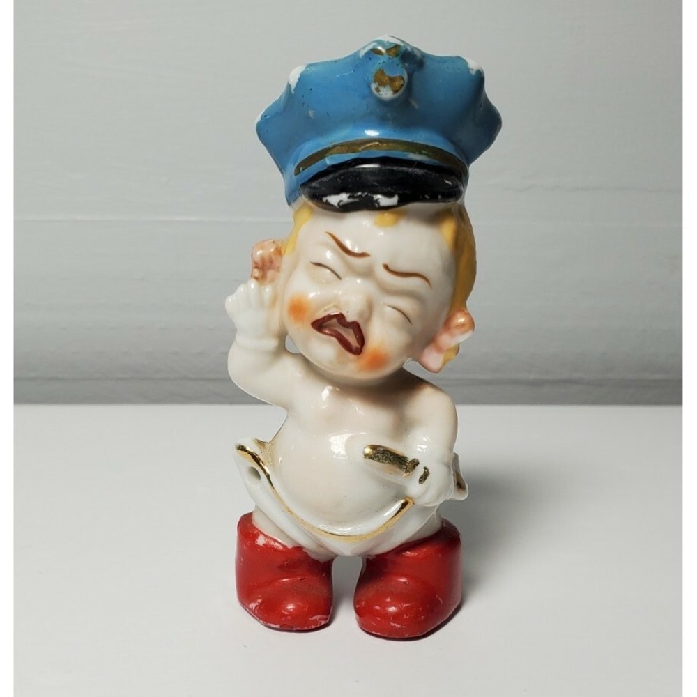 Vintage Mid 50's Diaper Safety Pin Blonde Baby Boy Police Officer Hat Figurine